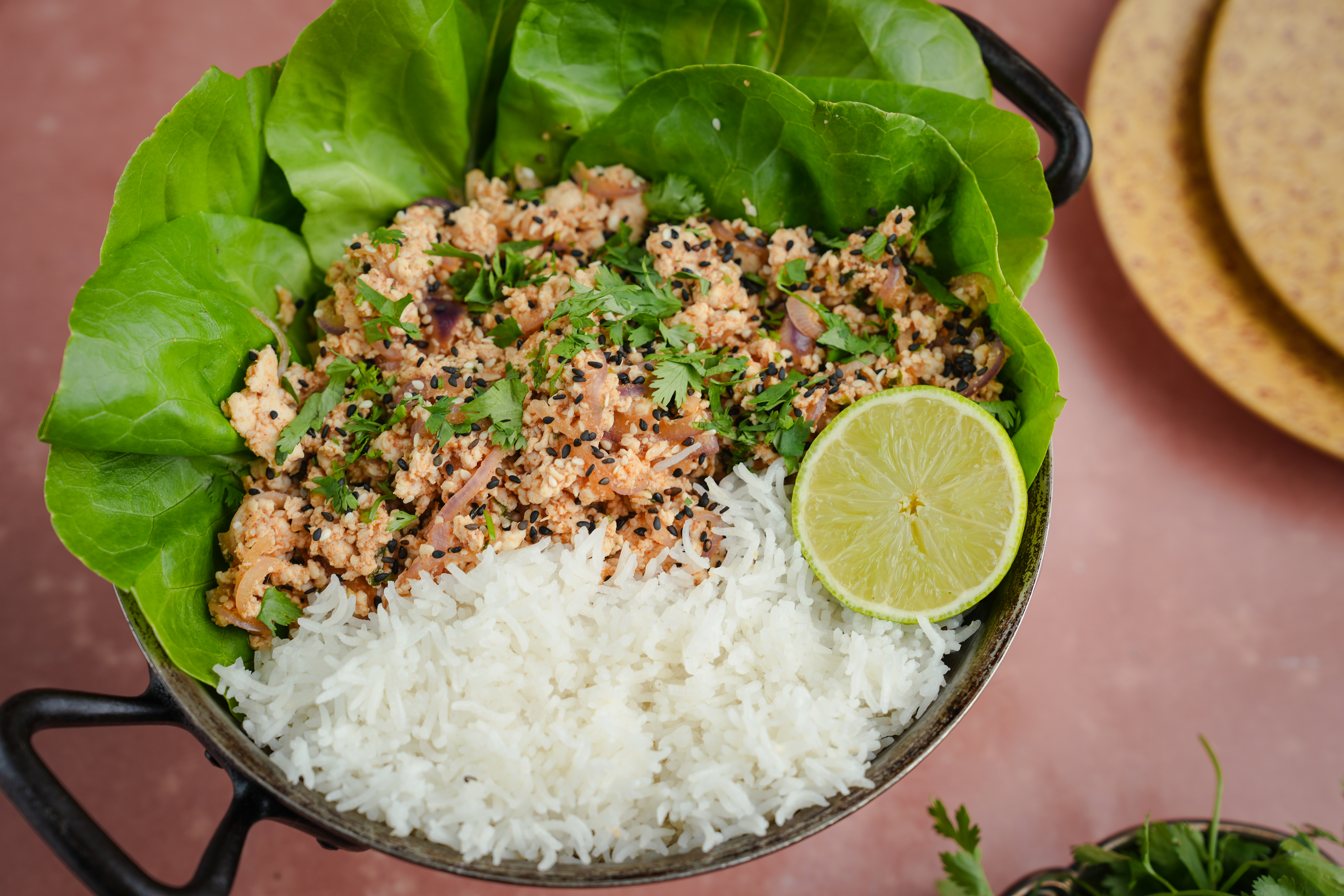 Koreaanse rijstbowl met kip / Koreaanse laab
